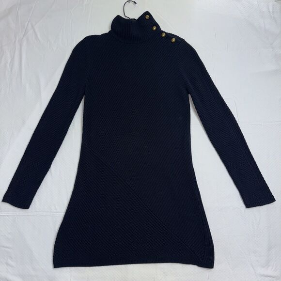 TORY BURCH Women Chunky Knit Sweater Dress Size S Navy MockNeck Gold Logo Button - Picture 1 of 8